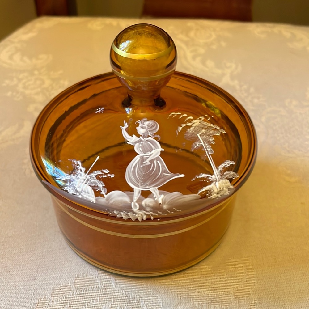 Mary Gregory Victorian Amber hand painted, hand blown glass trinket dish